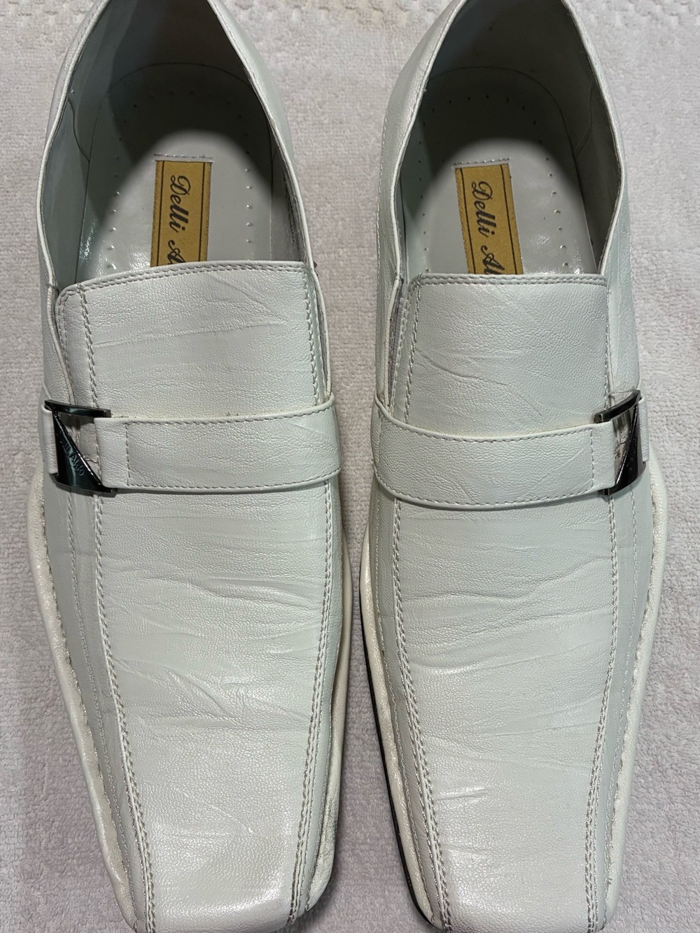 Delli Aldo Felipe Men's White Leather Slip-On Loafers with Silver Buckle Accent